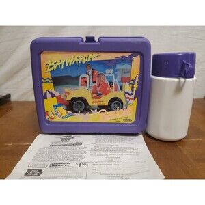 Baywatch Barbie Lunch Box + Thermos 1995 Purple Plastic Lifeguard Ken Jeep VTG